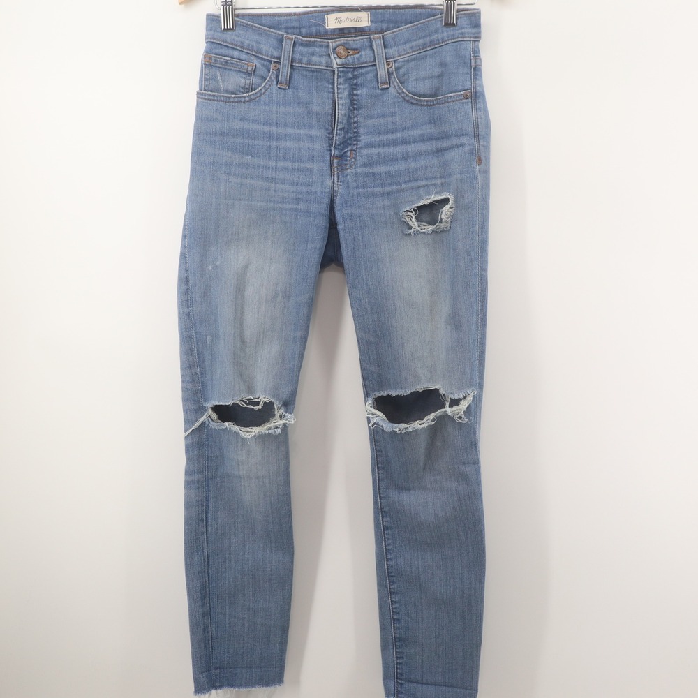 Madewell Jeans Womens 26 Skinny High Rise Distressed Blue Denim Cut Hem Good